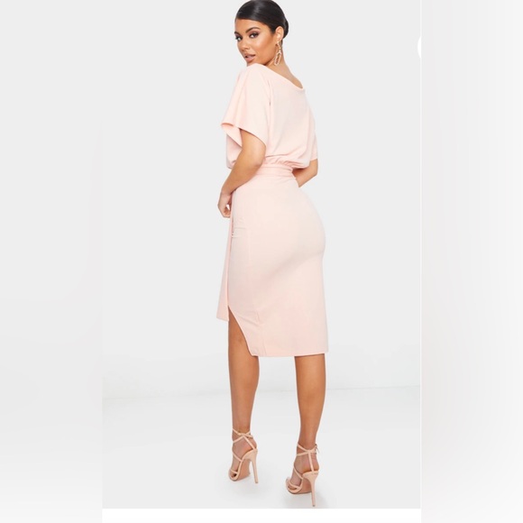 NWT PrettyLittleThing Nude Wrap Front Kimono Sleeve Midi Dress - Picture 2 of 9